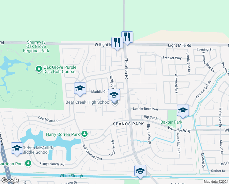 map of restaurants, bars, coffee shops, grocery stores, and more near 10604 Siskiyou Lane in Stockton