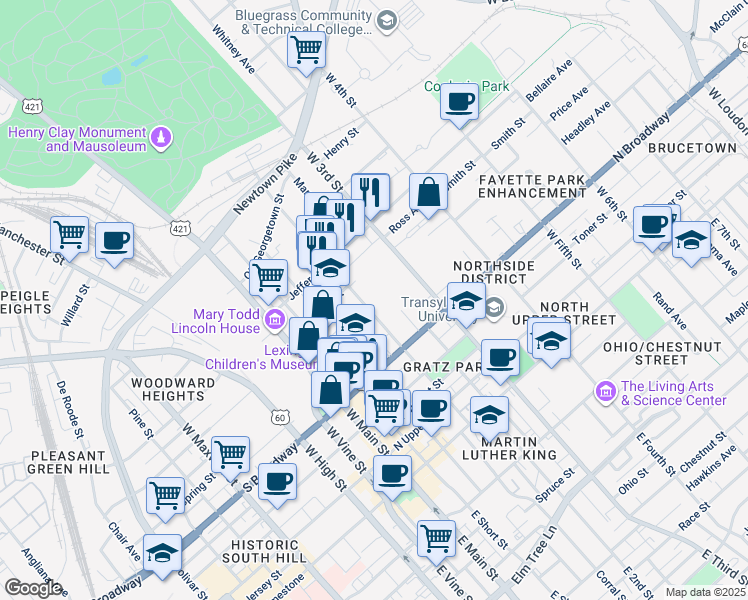 map of restaurants, bars, coffee shops, grocery stores, and more near 425 West 2nd Street in Lexington