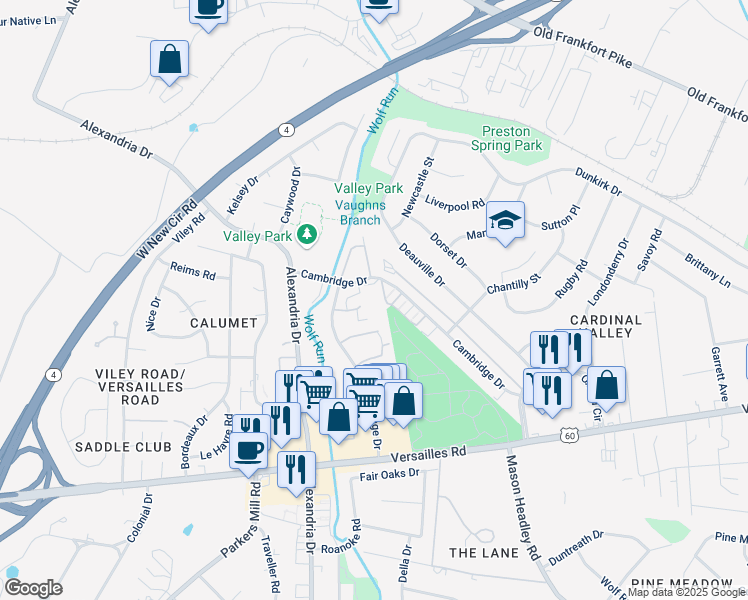 map of restaurants, bars, coffee shops, grocery stores, and more near 2020 Cambridge Drive in Lexington