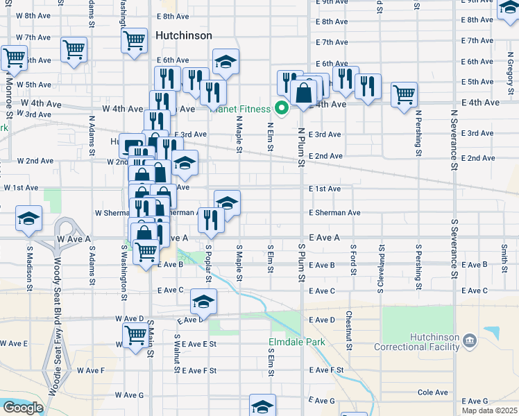 map of restaurants, bars, coffee shops, grocery stores, and more near 9 South Elm Street in Hutchinson