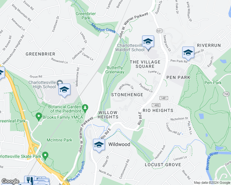 map of restaurants, bars, coffee shops, grocery stores, and more near 548 Whitcover Circle in Charlottesville