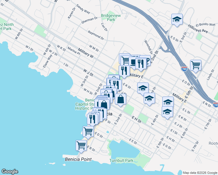 map of restaurants, bars, coffee shops, grocery stores, and more near 155 West I Street in Benicia