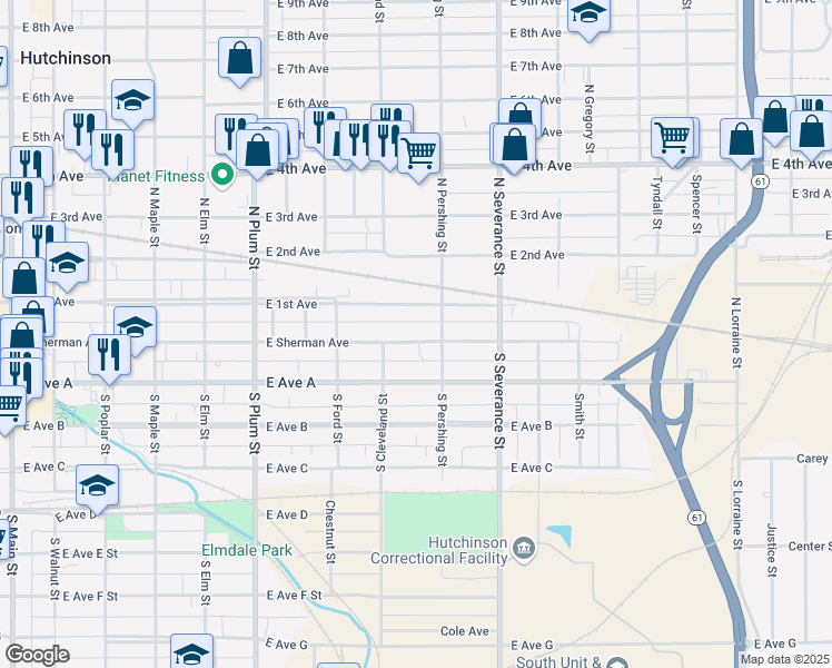 map of restaurants, bars, coffee shops, grocery stores, and more near 720 East Sherman Street in Hutchinson