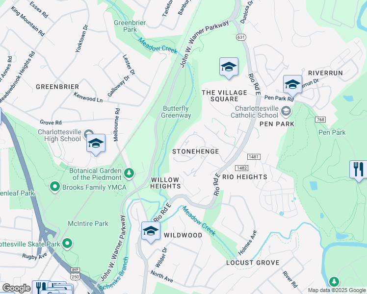map of restaurants, bars, coffee shops, grocery stores, and more near 941 Warwick Court in Charlottesville