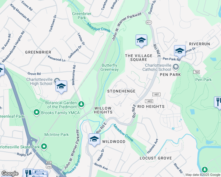 map of restaurants, bars, coffee shops, grocery stores, and more near 550 Whitcover Circle in Charlottesville