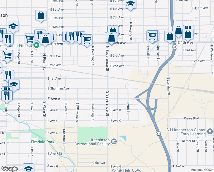 map of restaurants, bars, coffee shops, grocery stores, and more near 830 East Sherman Street in Hutchinson