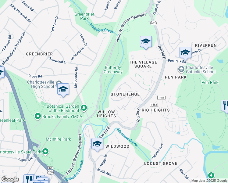 map of restaurants, bars, coffee shops, grocery stores, and more near 550 Whitcover Circle in Charlottesville