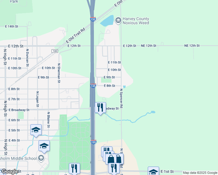 map of restaurants, bars, coffee shops, grocery stores, and more near 1605 East 8th Street in Newton