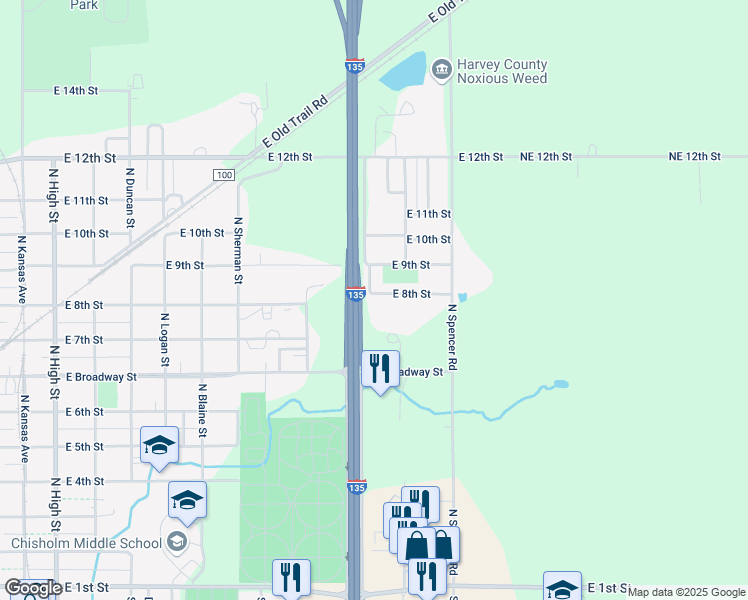 map of restaurants, bars, coffee shops, grocery stores, and more near 1501 East 8th Street in Newton