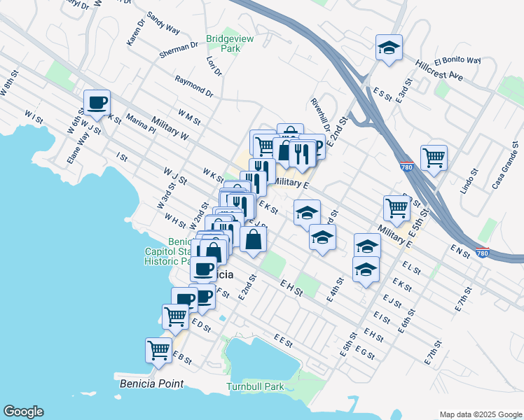 map of restaurants, bars, coffee shops, grocery stores, and more near 116 East K Street in Benicia