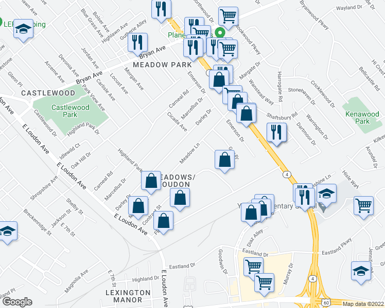 map of restaurants, bars, coffee shops, grocery stores, and more near 1006 Meadow Lane in Lexington