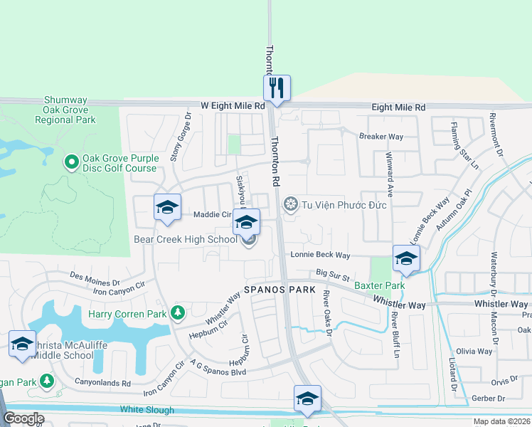 map of restaurants, bars, coffee shops, grocery stores, and more near 3009 Dusty Court in Stockton