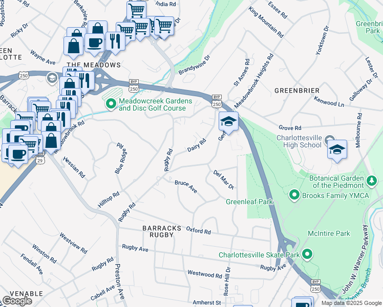 map of restaurants, bars, coffee shops, grocery stores, and more near 1419 Gentry Lane in Charlottesville