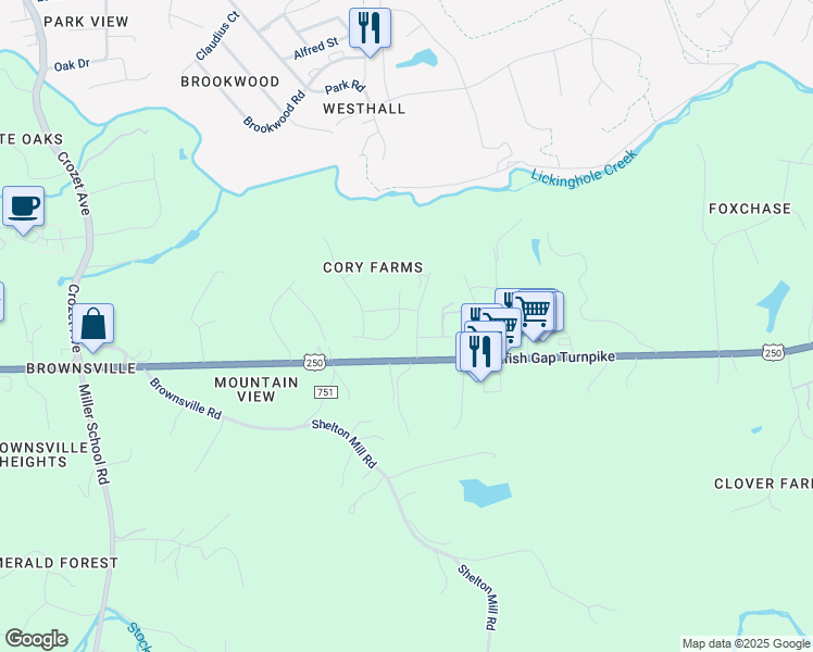 map of restaurants, bars, coffee shops, grocery stores, and more near 845 Filly Run in Charlottesville