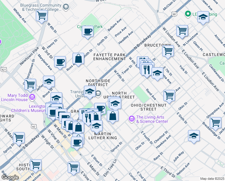 map of restaurants, bars, coffee shops, grocery stores, and more near in Lexington