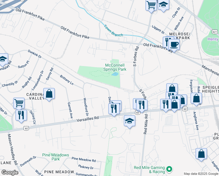 map of restaurants, bars, coffee shops, grocery stores, and more near 131 Halls Lane in Lexington