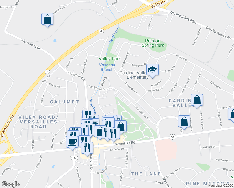 map of restaurants, bars, coffee shops, grocery stores, and more near 2020 Cambridge Drive in Lexington