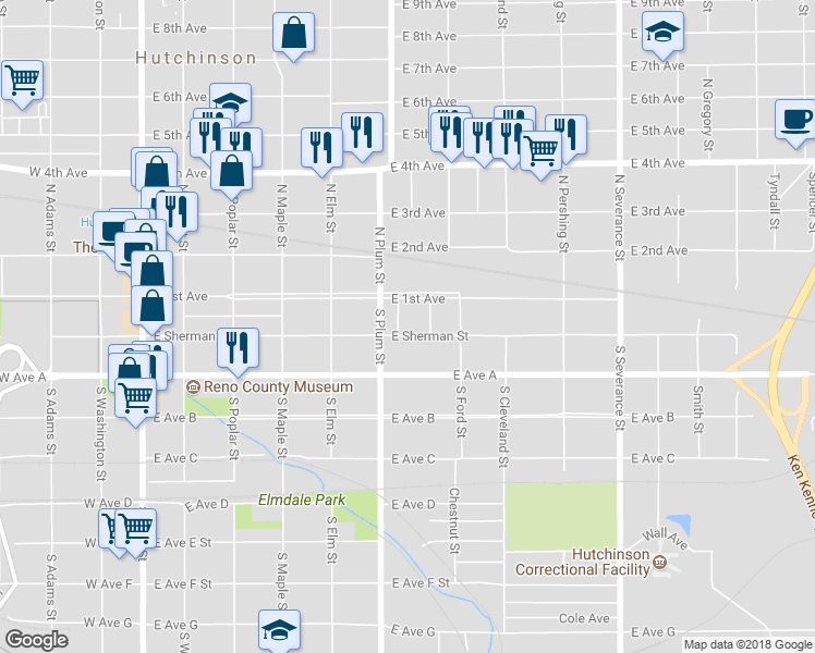 map of restaurants, bars, coffee shops, grocery stores, and more near 521 East Sherman Street in Hutchinson