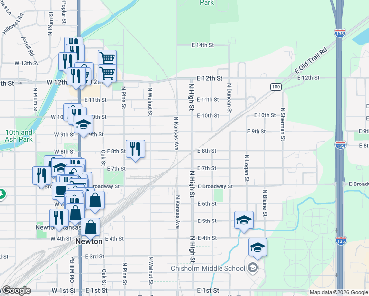 map of restaurants, bars, coffee shops, grocery stores, and more near 501 East 8th Street in Newton