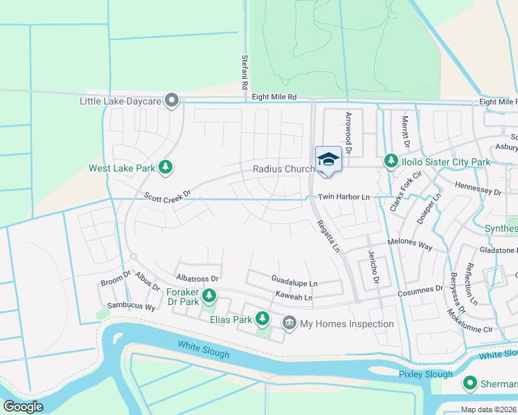 map of restaurants, bars, coffee shops, grocery stores, and more near Capstan Drive in Stockton