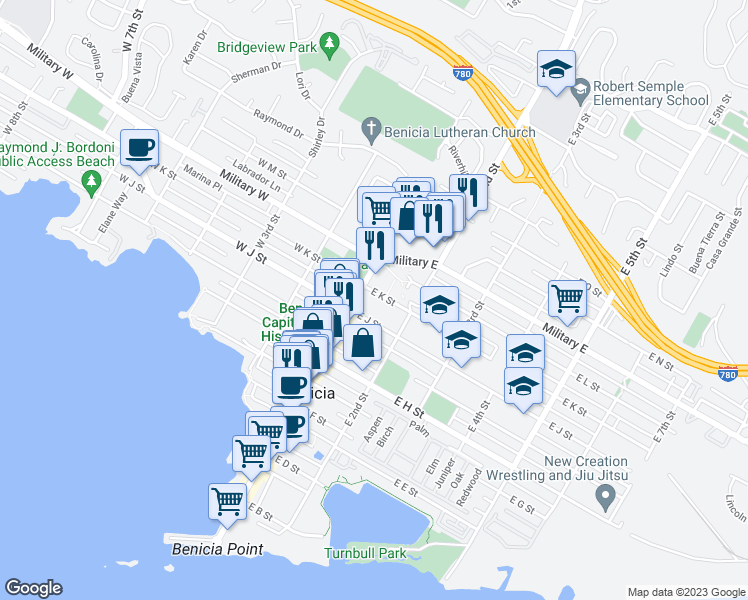 map of restaurants, bars, coffee shops, grocery stores, and more near 112 East K Street in Benicia