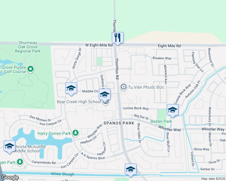 map of restaurants, bars, coffee shops, grocery stores, and more near 3009 Dusty Court in Stockton