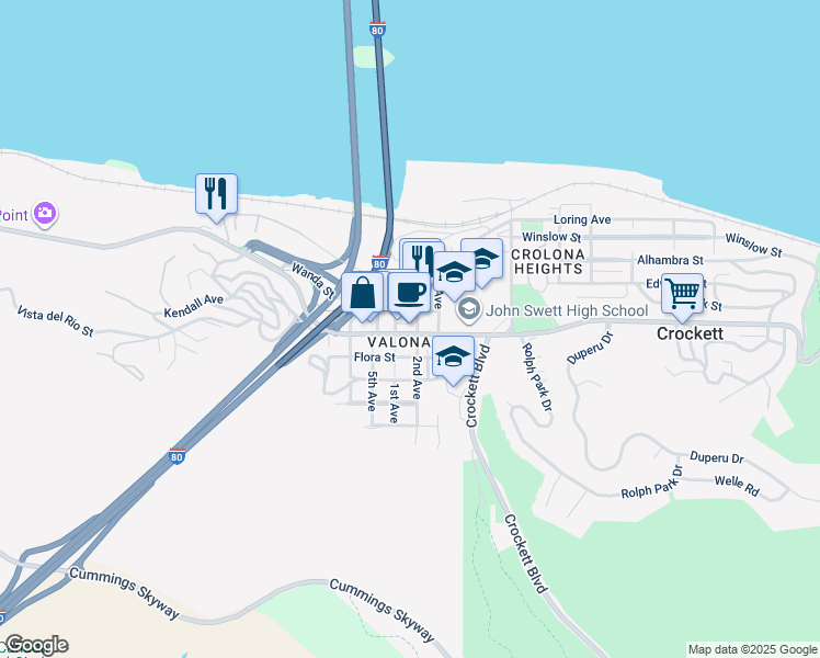 map of restaurants, bars, coffee shops, grocery stores, and more near Pomona Street in Crockett