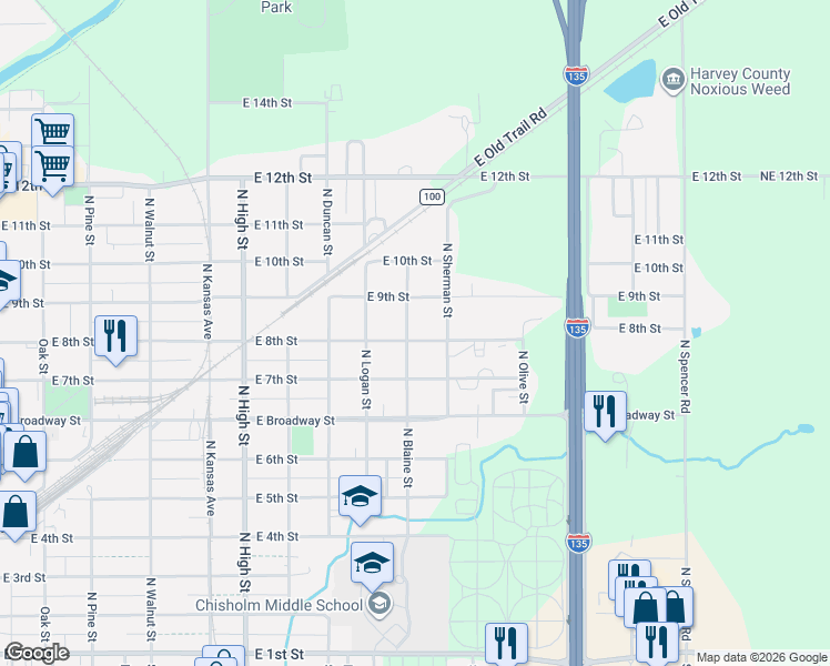 map of restaurants, bars, coffee shops, grocery stores, and more near 816 N Blaine St in Newton