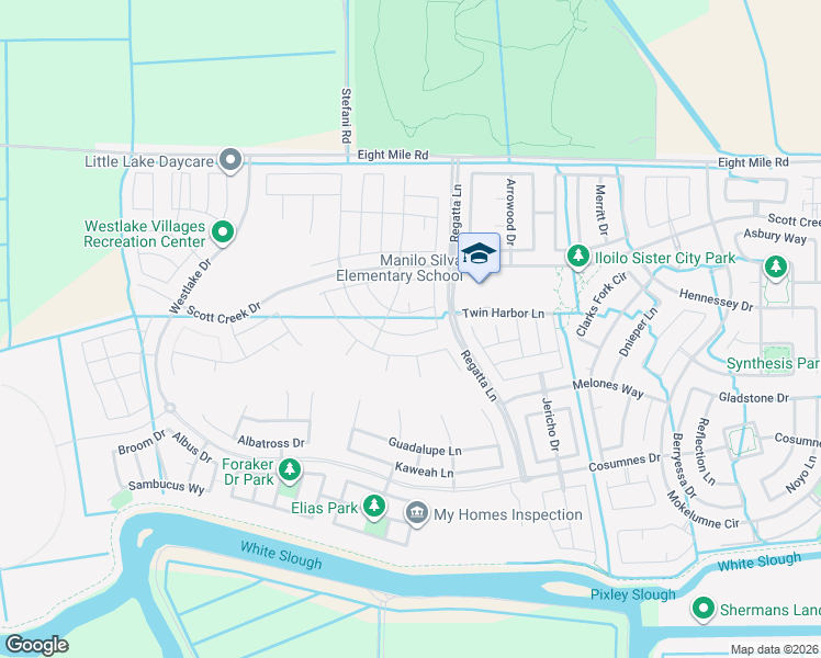 map of restaurants, bars, coffee shops, grocery stores, and more near 10599 Regatta Lane in Stockton