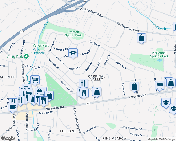 map of restaurants, bars, coffee shops, grocery stores, and more near 158 Rugby Road in Lexington