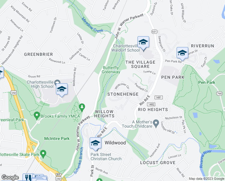 map of restaurants, bars, coffee shops, grocery stores, and more near 554 Whitcover Circle in Charlottesville