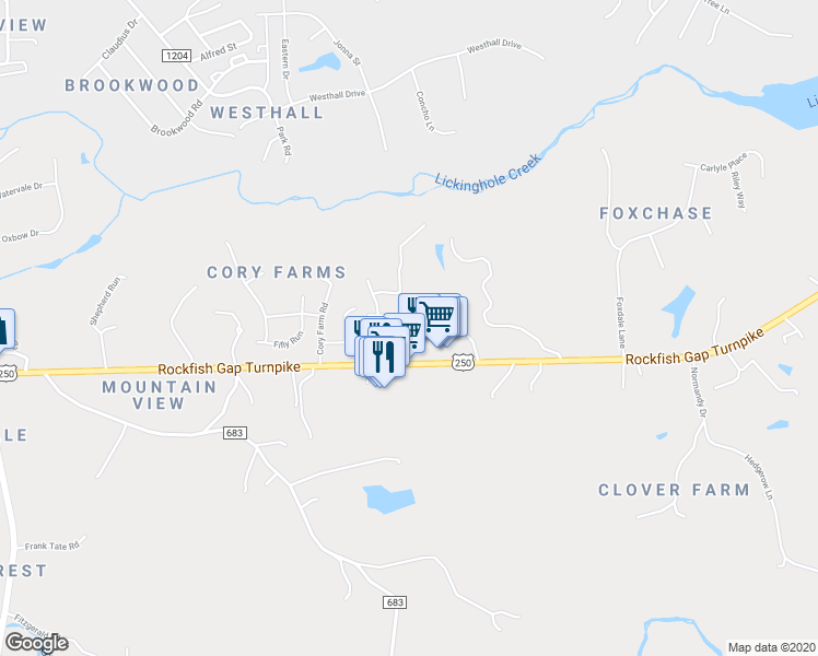 map of restaurants, bars, coffee shops, grocery stores, and more near 155 Jordan Lane in Charlottesville