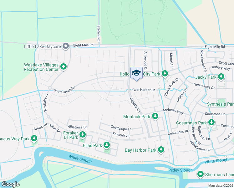 map of restaurants, bars, coffee shops, grocery stores, and more near 10599 Regatta Lane in Stockton