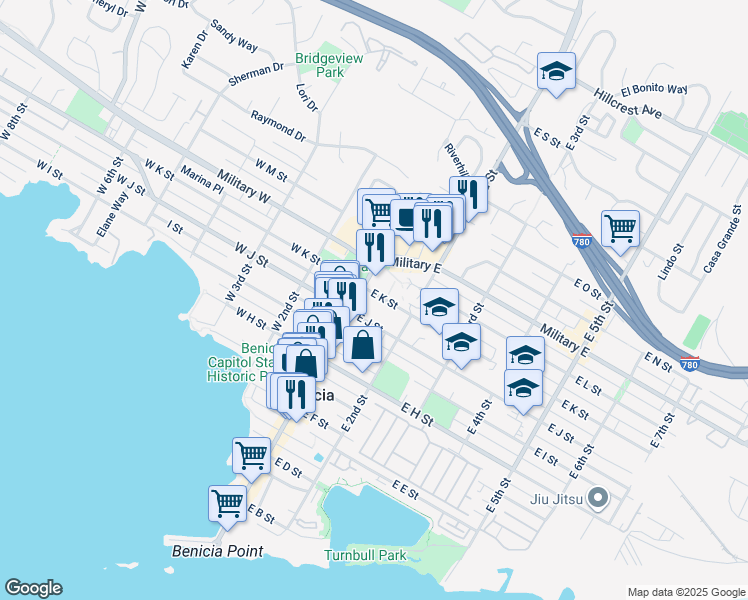 map of restaurants, bars, coffee shops, grocery stores, and more near 155 East J Street in Benicia