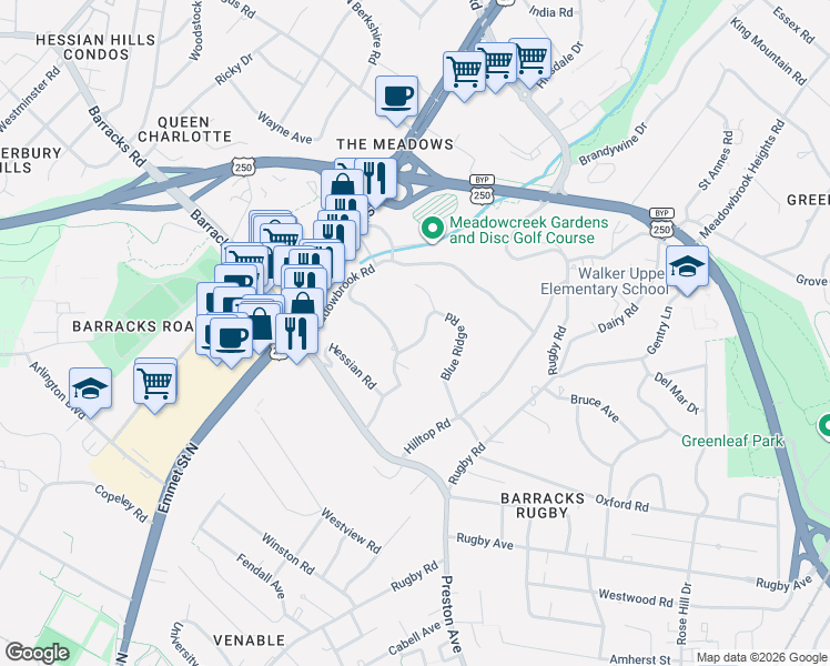 map of restaurants, bars, coffee shops, grocery stores, and more near 2002 Spottswood Rd in Charlottesville