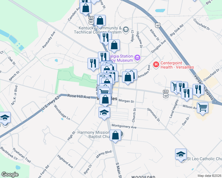 map of restaurants, bars, coffee shops, grocery stores, and more near 231 South Main Street in Versailles
