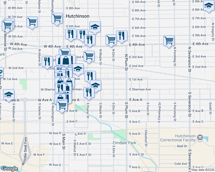 map of restaurants, bars, coffee shops, grocery stores, and more near 303 East Sherman Street in Hutchinson