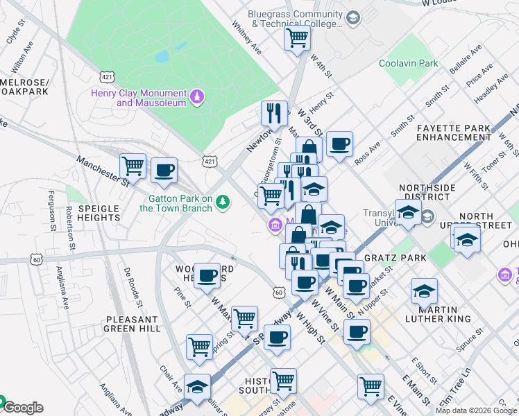 map of restaurants, bars, coffee shops, grocery stores, and more near 614 West Main Street in Lexington