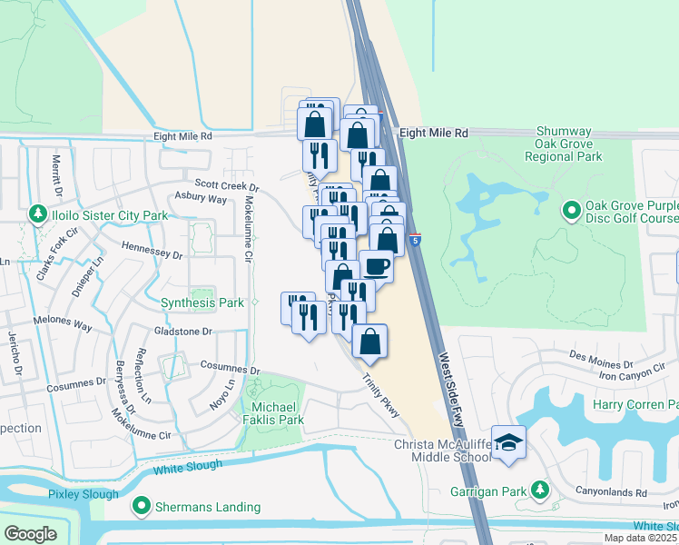 map of restaurants, bars, coffee shops, grocery stores, and more near 10506 Trinity Parkway in Stockton