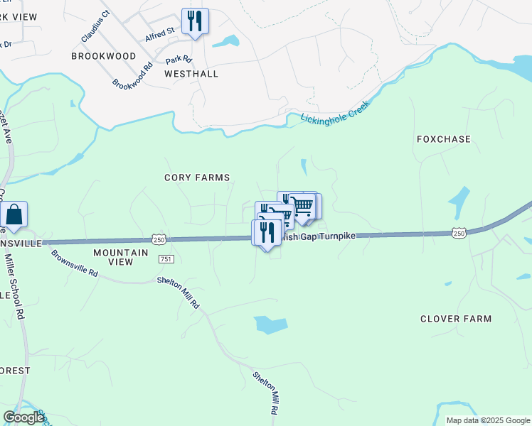 map of restaurants, bars, coffee shops, grocery stores, and more near 146 Pioneer Lane in Charlottesville