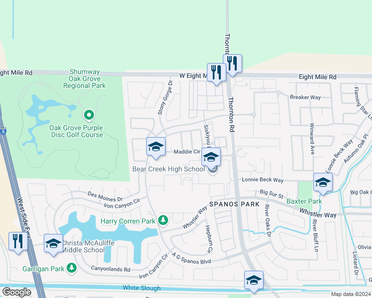 map of restaurants, bars, coffee shops, grocery stores, and more near 10606 Trevor Drive in Stockton