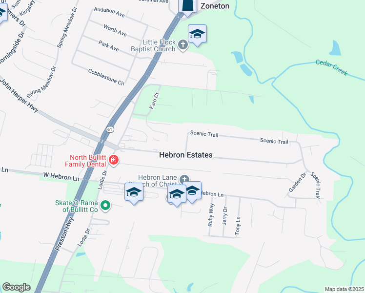 map of restaurants, bars, coffee shops, grocery stores, and more near 3979 Scenic Trail in Hebron Estates