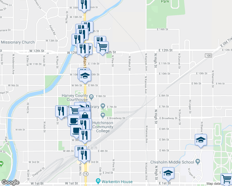 map of restaurants, bars, coffee shops, grocery stores, and more near 304 East 8th Street in Newton