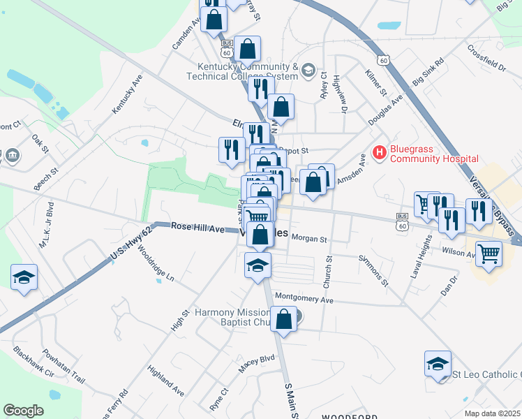 map of restaurants, bars, coffee shops, grocery stores, and more near 103 South Main Street in Versailles
