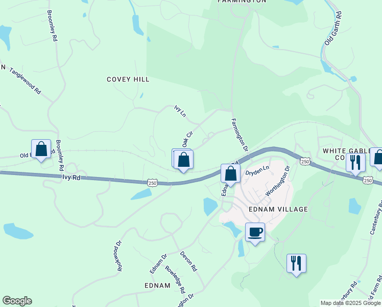 map of restaurants, bars, coffee shops, grocery stores, and more near 465 Oak Circle in Charlottesville
