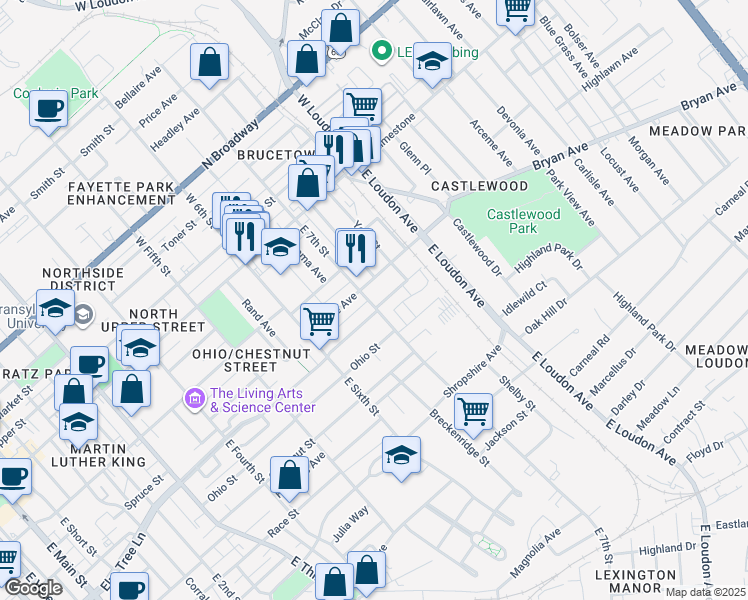map of restaurants, bars, coffee shops, grocery stores, and more near 227 East 7th Street in Lexington