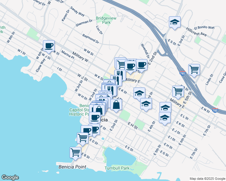 map of restaurants, bars, coffee shops, grocery stores, and more near 955 1st Street in Benicia