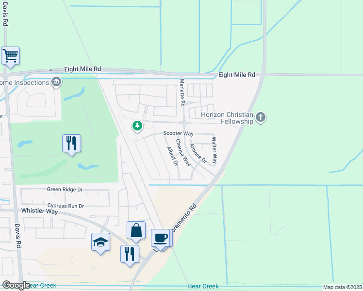 map of restaurants, bars, coffee shops, grocery stores, and more near 10626 Cherise Way in Stockton