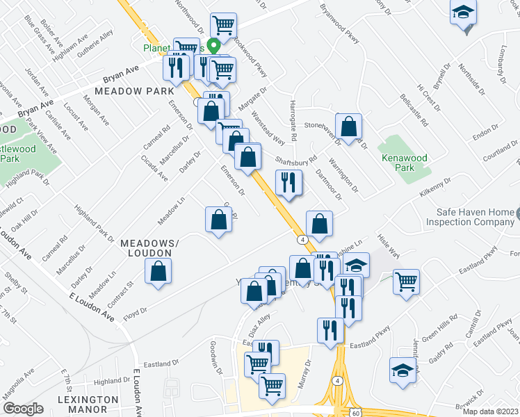 map of restaurants, bars, coffee shops, grocery stores, and more near 675 Emerson Drive in Lexington