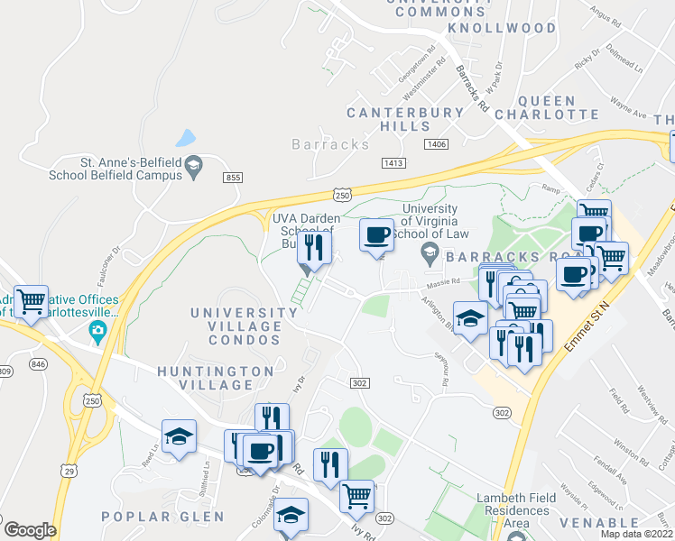 map of restaurants, bars, coffee shops, grocery stores, and more near 20 Darden Boulevard in Charlottesville